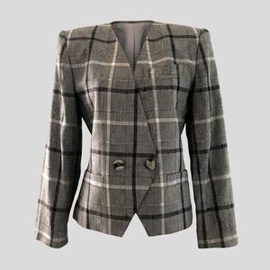Vintage 80s Brown Plaid Cropped Suit Jacket Blazer Womens Size 2 Dark Academia